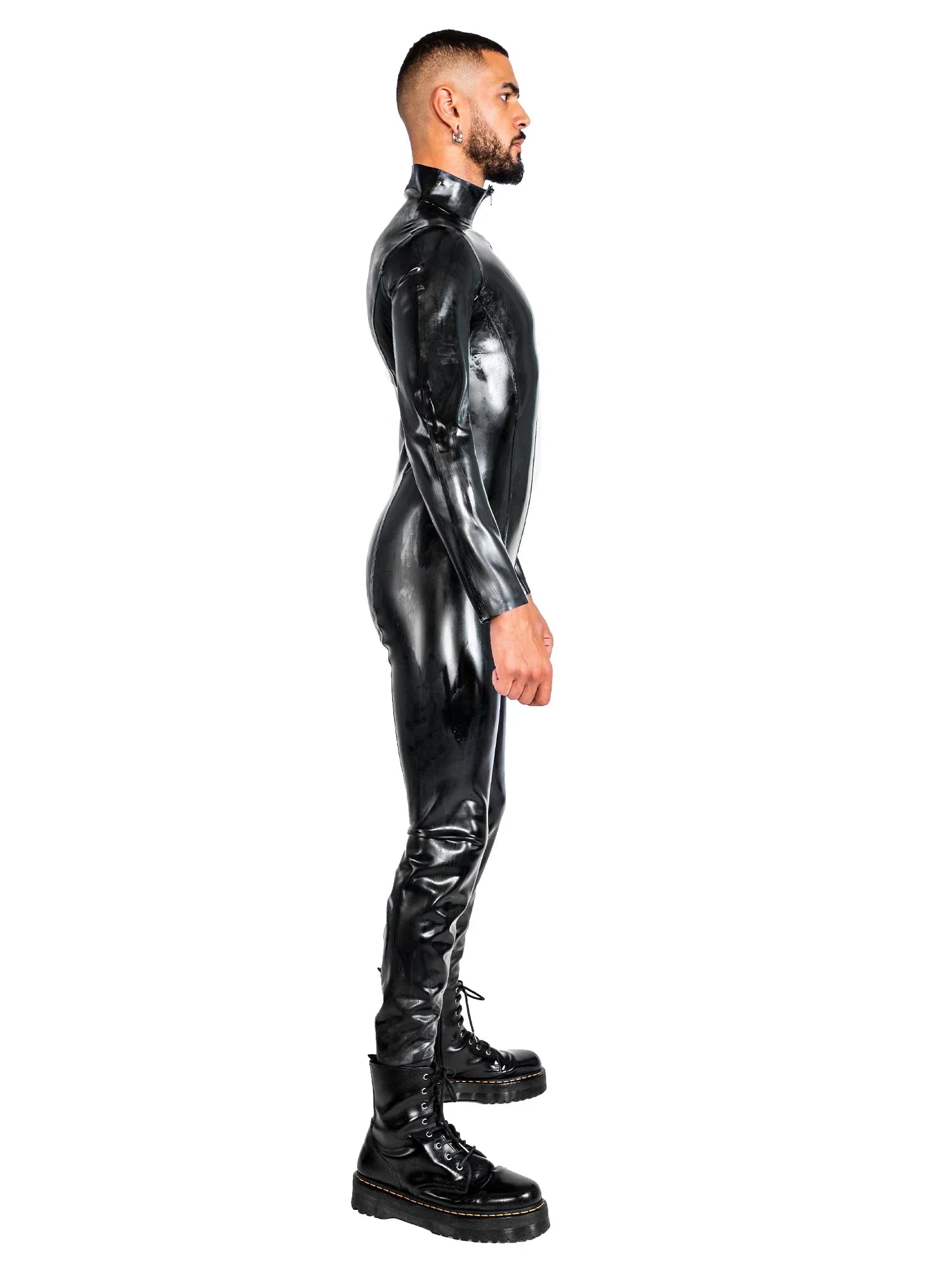 Black Glossy Latex Men's Catsuit with High Neck and Front Zip