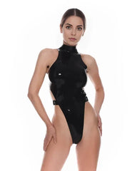 Black High-Cut Latex Women's Bodysuit with Side Buckles