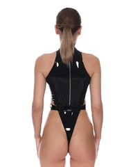 Black High-Cut Latex Women's Bodysuit with Side Buckles