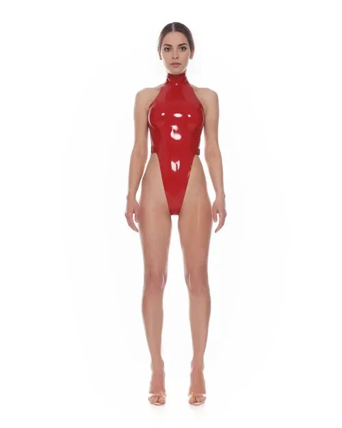 Red Latex High-Cut Bodysuit