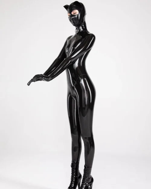 Full-Body Black Latex Catsuit with Mask