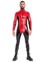 Red and Black Latex Men's Catsuit with Front Zip