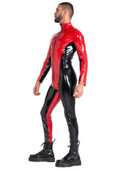 Red and Black Latex Men's Catsuit with Front Zip