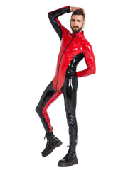 Red and Black Latex Men's Catsuit with Front Zip