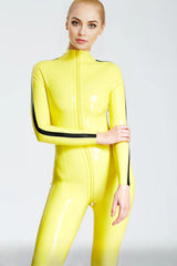 Pencil-Striped Front Zip Catsuit