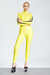 Pencil-Striped Front Zip Catsuit