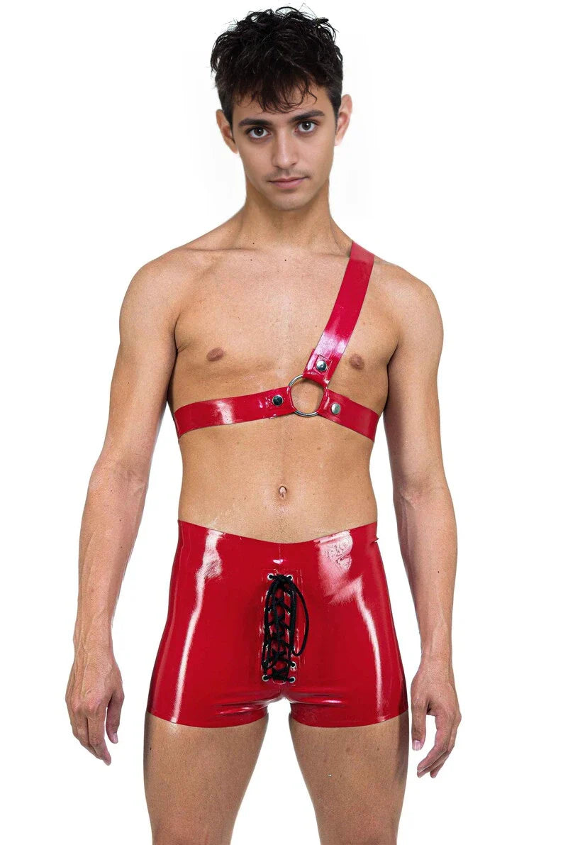 Red Latex Harness with O-ring and Strap Details