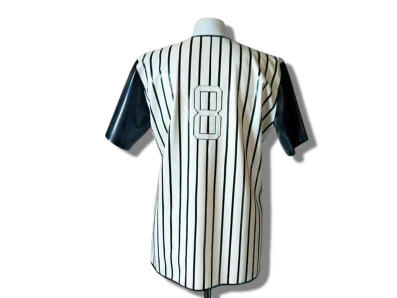 Striped Latex Baseball Shirt And Belted Shorts