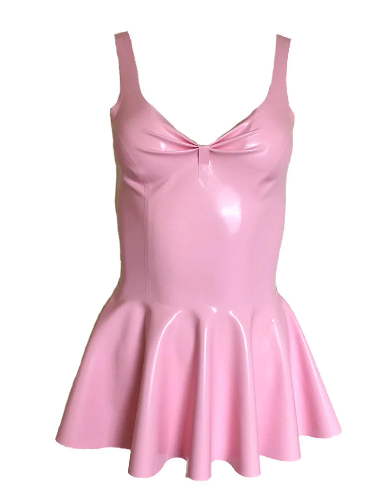 Pink Latex Micro Mini Skater Dress with Bow Belt