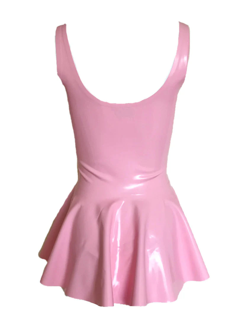 Pink Latex Micro Mini Skater Dress with Bow Belt