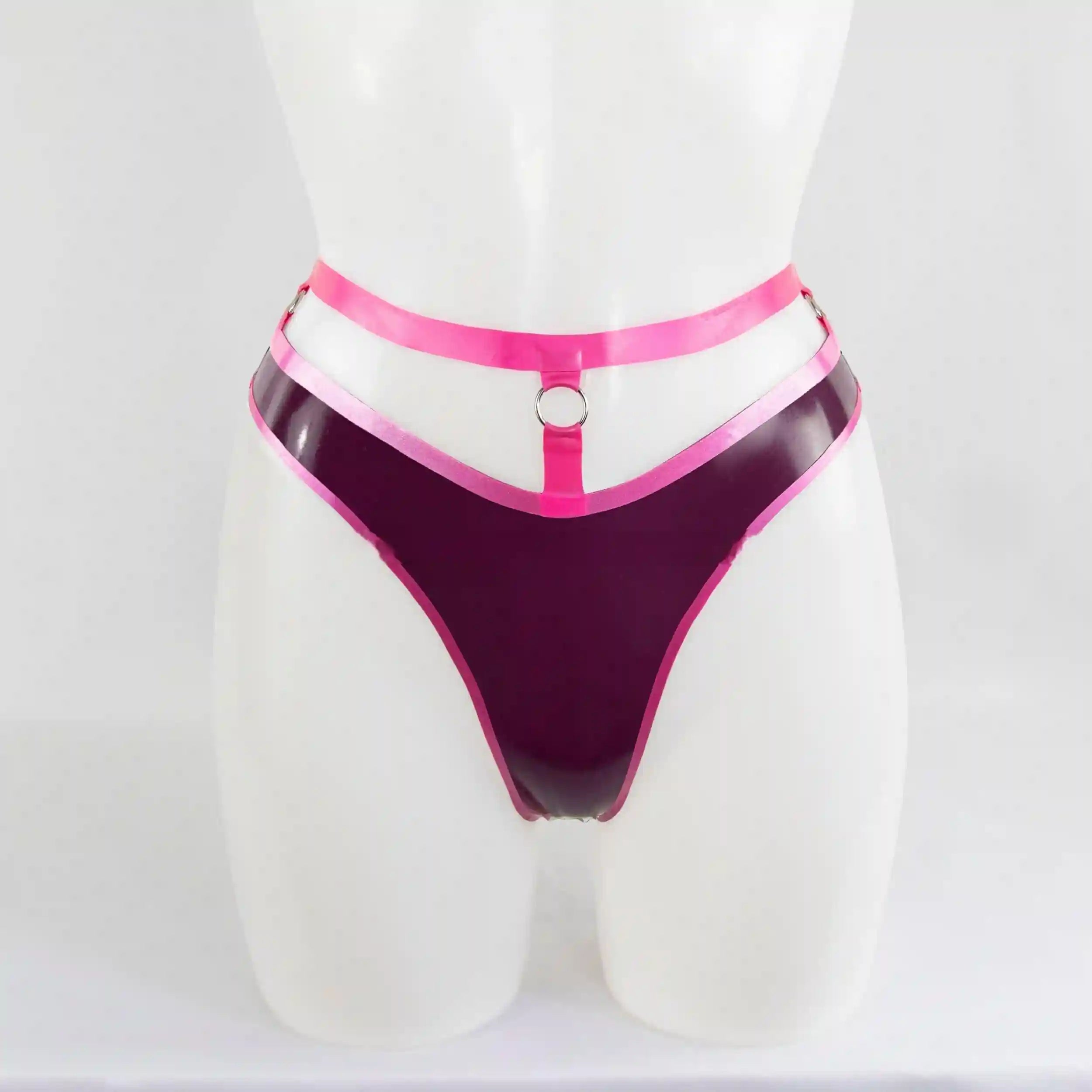 Latex Thong In Purple With Pink Trims