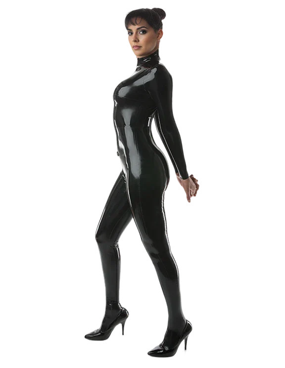 Form-Fitting High-Neck Black Latex Catsuit