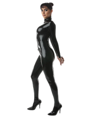 Form-Fitting High-Neck Black Latex Catsuit