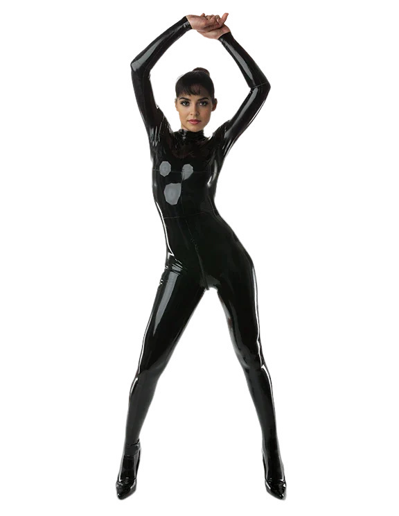 Form-Fitting High-Neck Black Latex Catsuit