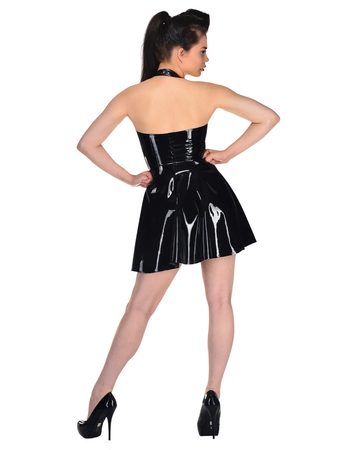 Black Halter Zip-Up Latex Dress