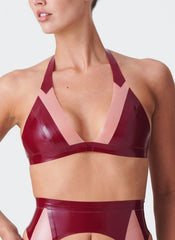 Deep V Halter Latex Bra in Burgundy and Pink - Modern Geometric Design