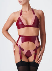 Deep V Halter Latex Bra in Burgundy and Pink - Modern Geometric Design