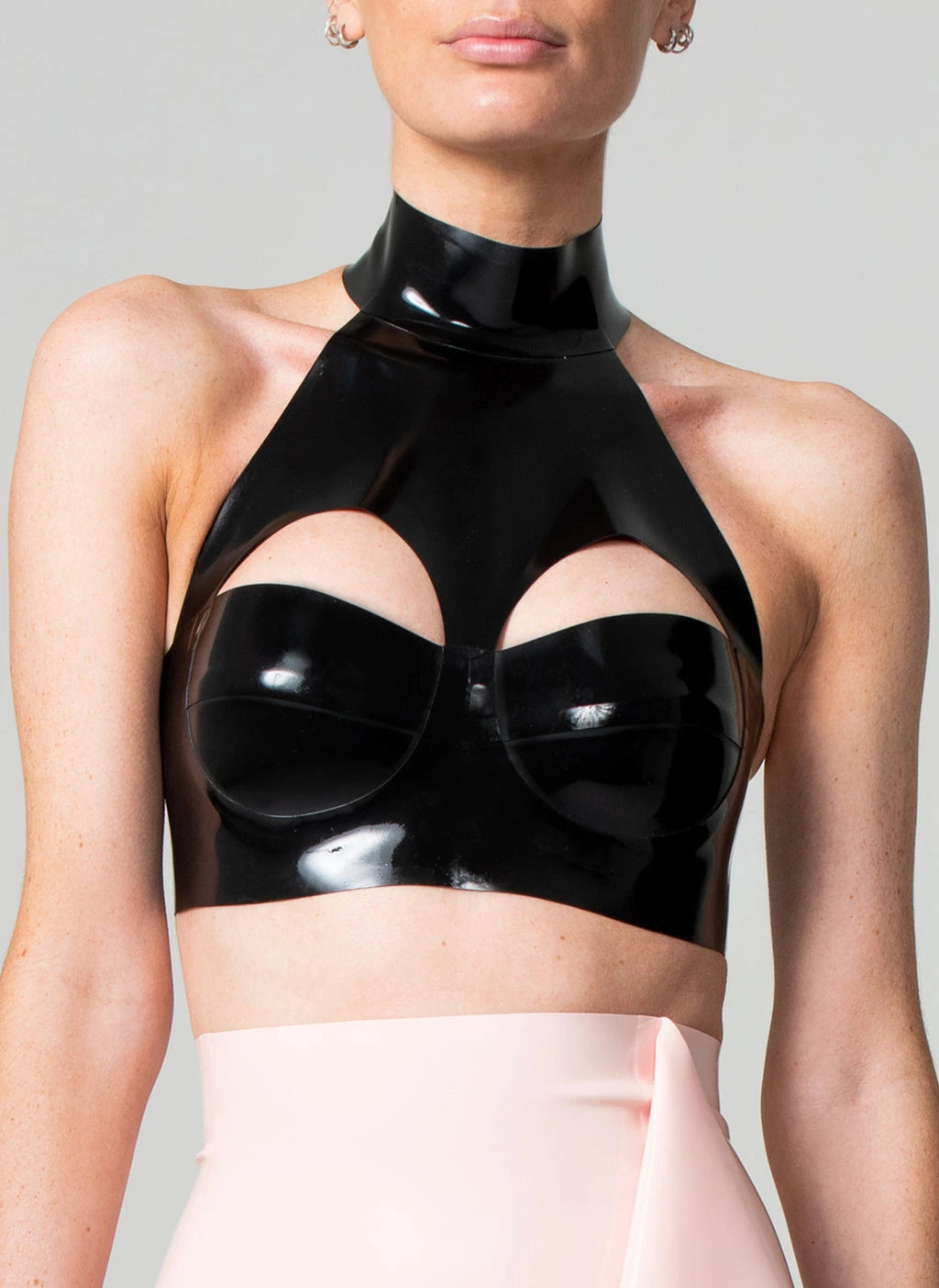 Black Latex High Neck Bra with Sculpted Cutout Design