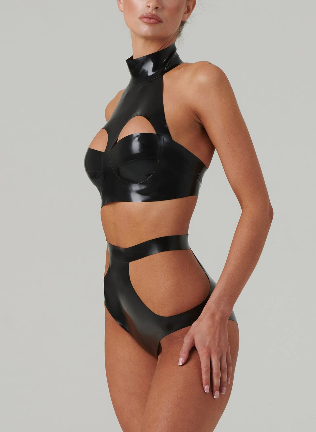 Black Latex High Neck Bra with Sculpted Cutout Design