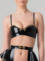 Black Latex Bra with Gold Trim and Bow Detail