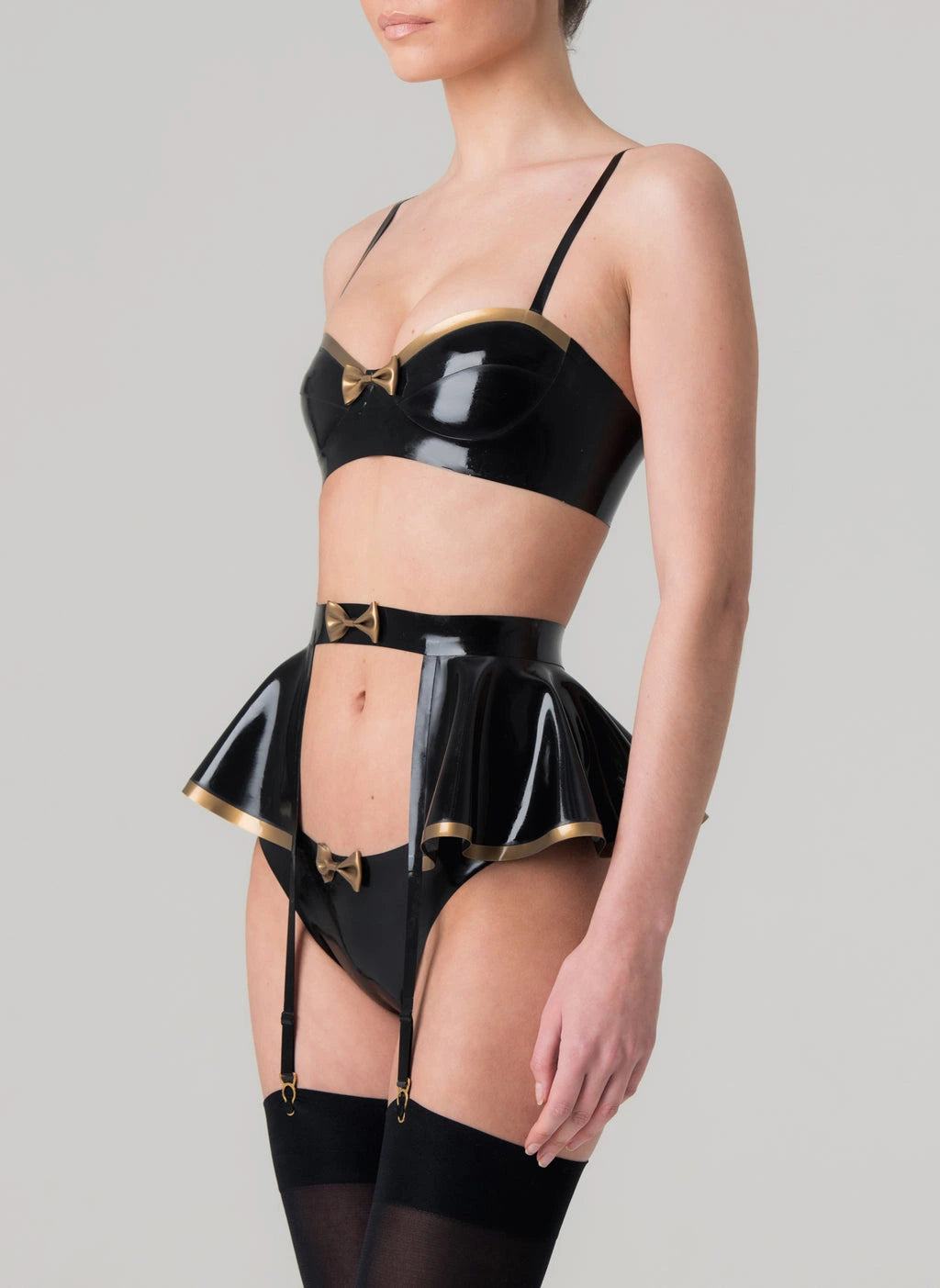 Black Latex Bra with Gold Trim and Bow Detail